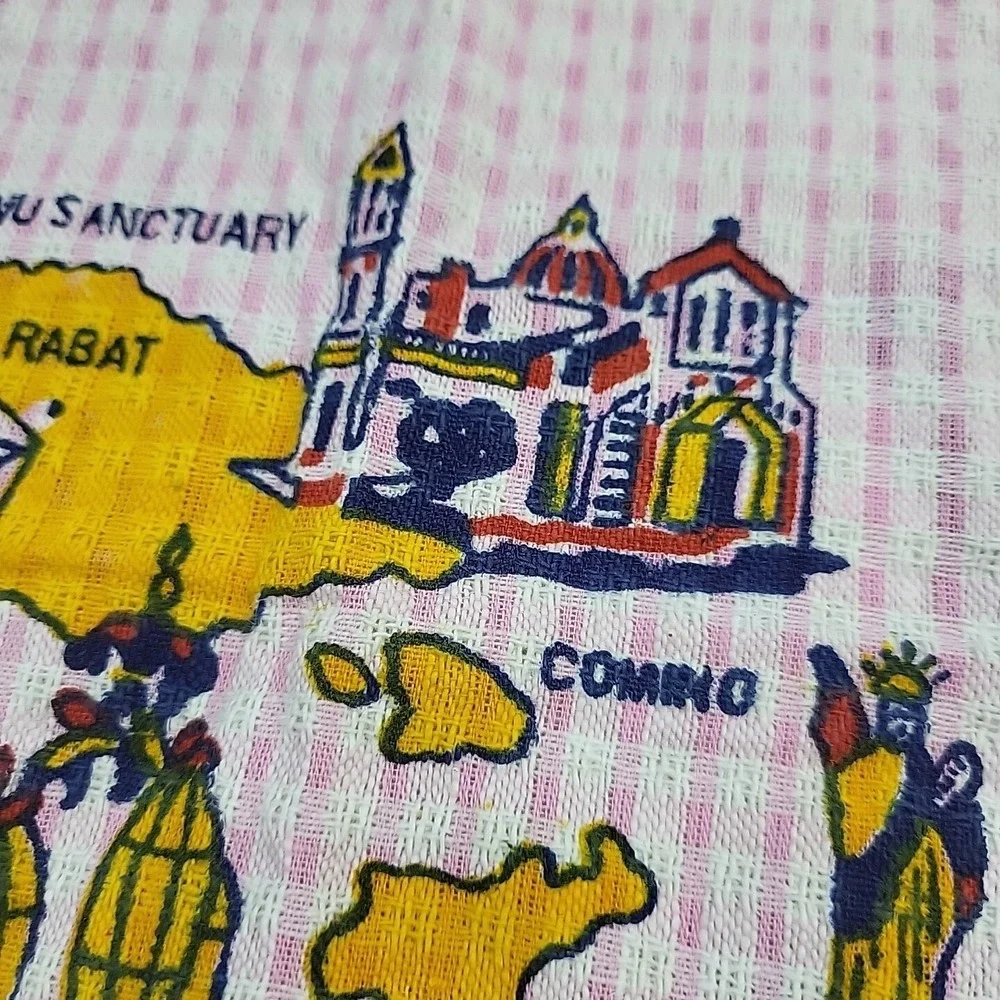 Vintage Tea Towel MALTA The Maltese Islands Travel Souvenir Pink 100%‎ Cotton